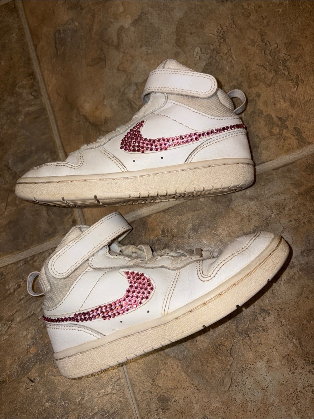 Nike Kids White High-Top Sneakers with Pink Crystal Swoosh 13C